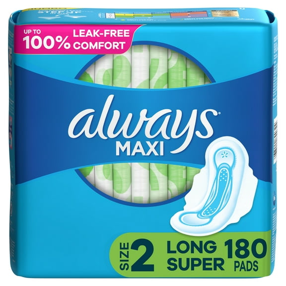 Always Maxi Daytime Pads with Wings, Size 2, Long, Unscented, 180 Ct