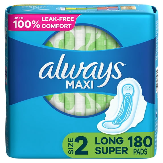 Always Maxi Daytime Pads with Wings, Size 2, Long, Unscented, 180 Ct