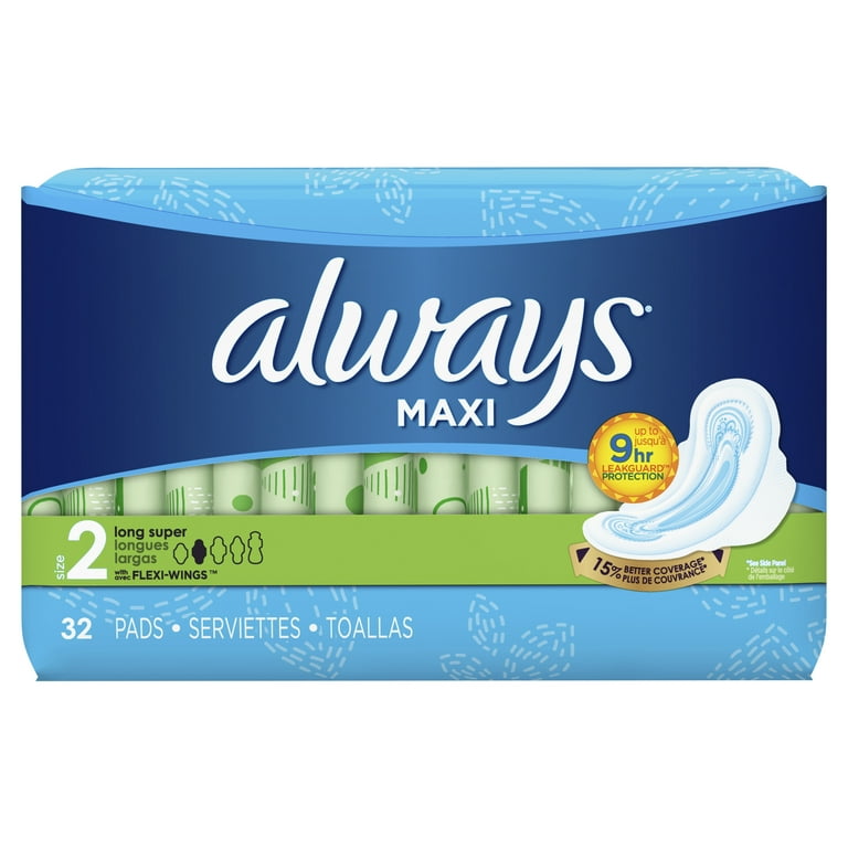 Always Maxi Daytime Pads with Wings, Size 2, Long, Unscented, 32