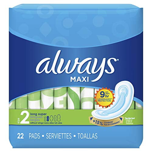 Always Maxi Daytime Pads without Wings, Size 2, Regular, Unscented, 22 CT
