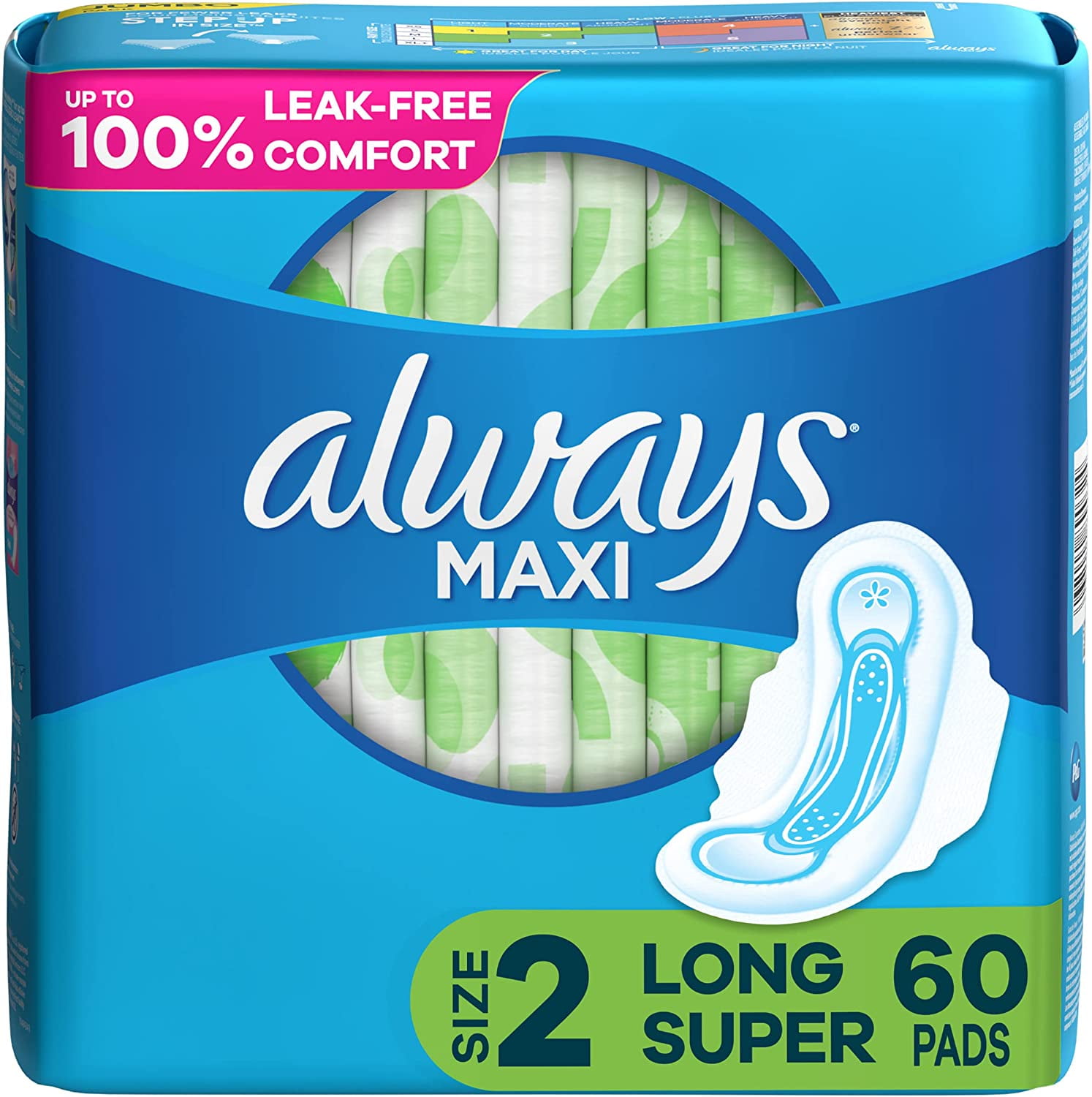 Always Maxi Feminine Pads For Women, Size 2 Long Super Absorbency, With Wings, Unscented, 60 Count