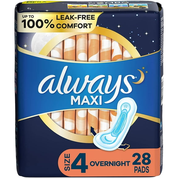 Always Maxi Feminine Pads for Women, Size 4 Overnight Absorbency, Without Wings, Unscented, 28 Count