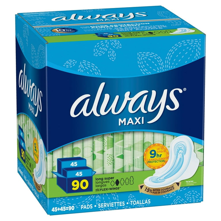 always！ Always Maxi Long Super Pads with Flexi-Wings, Unscented, 90