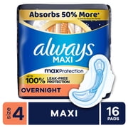 Always Maxi Overnight Pads with Wings, Size 4, Overnight, 16 Count