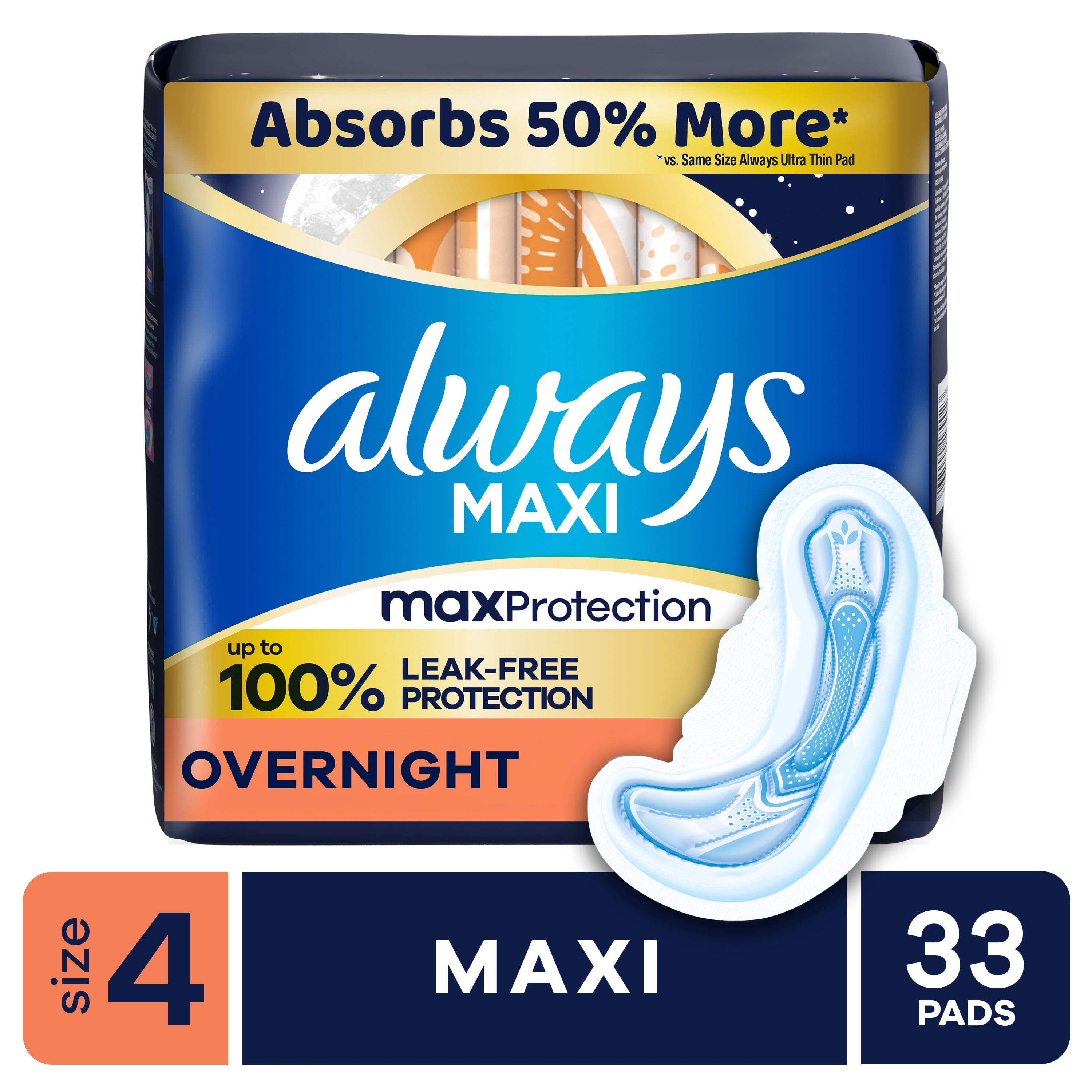 Always Maxi Overnight Pads with Wings, Size 4, 33 Count