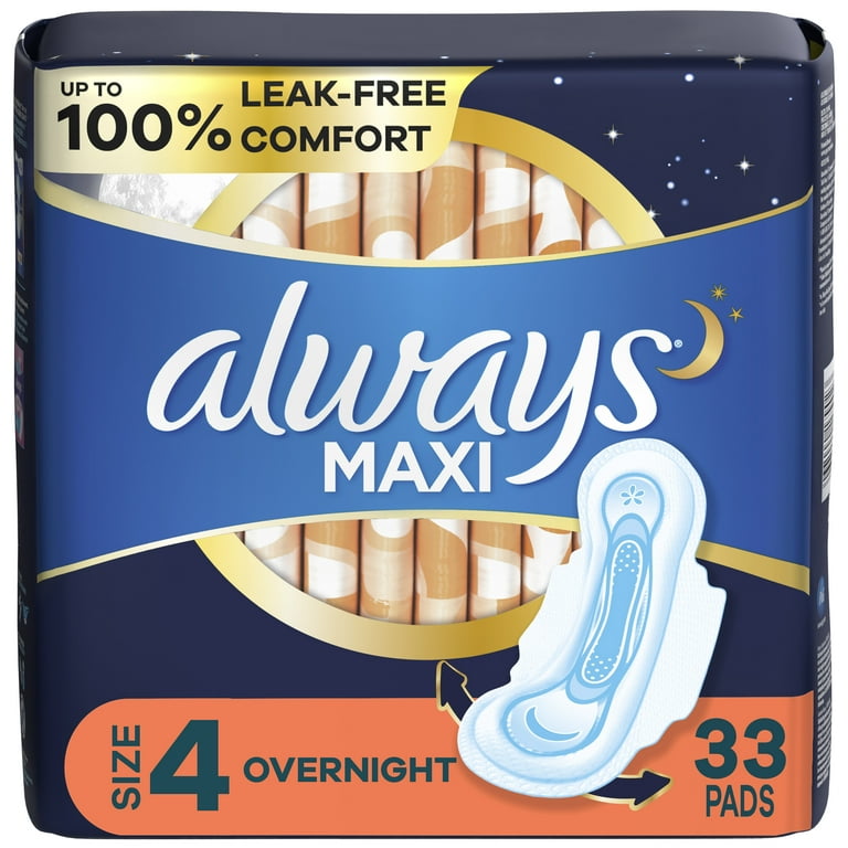 Always Maxi Overnight Pads with Wings, Size 4, Overnight Absorbency, 33 CT  
