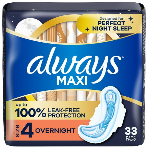 Always Maxi Overnight Pads with Wings, Size 4, 33 Count