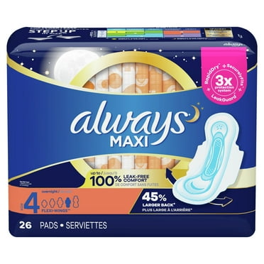 Always Maxi Overnight Pads with Wings, Unscented, Size 4, 26 Count