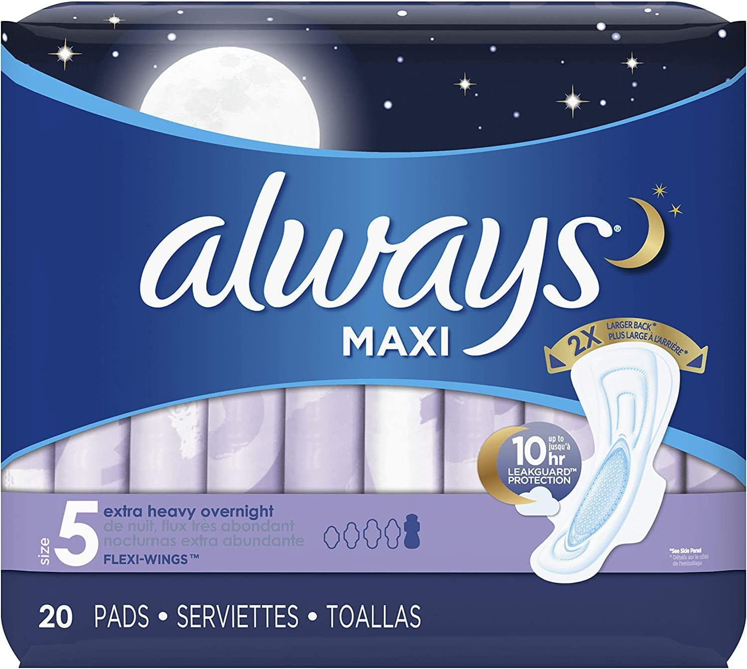 Always Maxi Overnight Pads with Wings, Size 5, Extra Heavy Overnight,  Unscented, 20 Count 