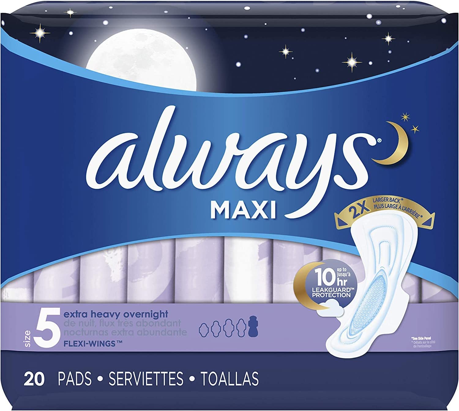 Always Maxi Overnight Pads with Wings, Size 5, Extra Heavy Overnight, Unscented, 20 Count - image 1 of 4