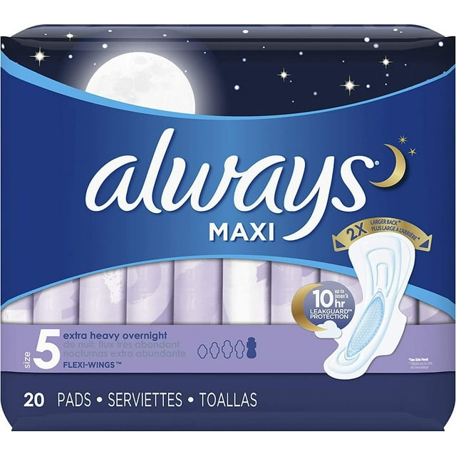 Always Maxi Overnight Pads with Wings, Size 5, Extra Heavy Overnight, Unscented, 20 Count