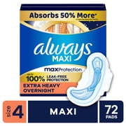 Always Maxi Overnight Pads with Wings for Women, Size 4, Overnight Absorbency, Unscented, 72 Count