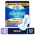 thumbnail image 1 of Always Maxi Overnight Pads with Wings for Women, Size 5, Extra Heavy Overnight Absorbency, Unscented, 52 Count, 1 of 14