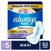 Always Maxi Overnight Pads with Wings for Women, Size 5, Extra Heavy Overnight Absorbency, Unscented, 52 Count