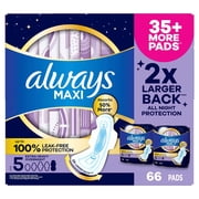 Always Maxi Overnight Pads with Wings for Women, Size 5, Extra Heavy Overnight Absorbency, Unscented, 66 ct