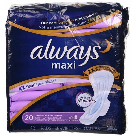 Always Maxi Pads Overnight Extra Heavy with Wings, 20 ct, Case of 12