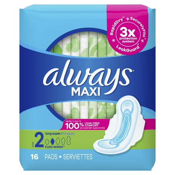 Always Maxi Pads Size 2 Long Super Absorbency Unscented with Wings, 16 ct
