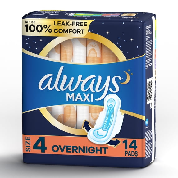 Always Maxi Overnight Pads, Size 4 Overnight, with Flexi-Wings, Unscented, 14 Ct