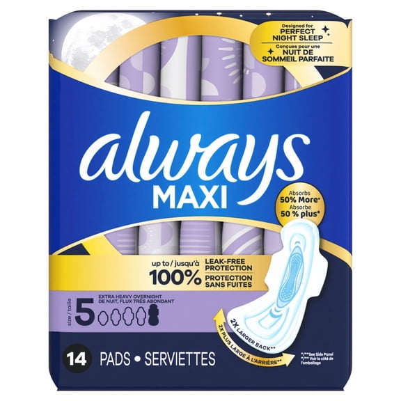 Always Maxi Pads Size 5, Extra Heavy Overnight with Wings, ( 14 Count )