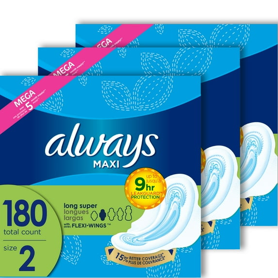 Always Maxi Pads, Winged, Unscented, Super Absorbency, Size 2, 180 ct | 2 Packs - 360 counts total