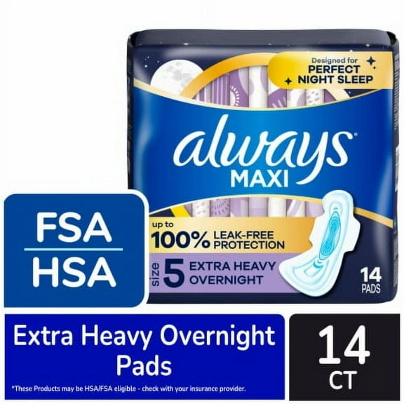 Always Maxi Pads with Wings Extra Heavy Overnight Absorbency Size 5 Unscented 14 count