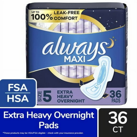 Always Maxi Pads with Wings Extra Heavy Overnight Absorbency Size 5 Unscented 36 count - Pack of 2