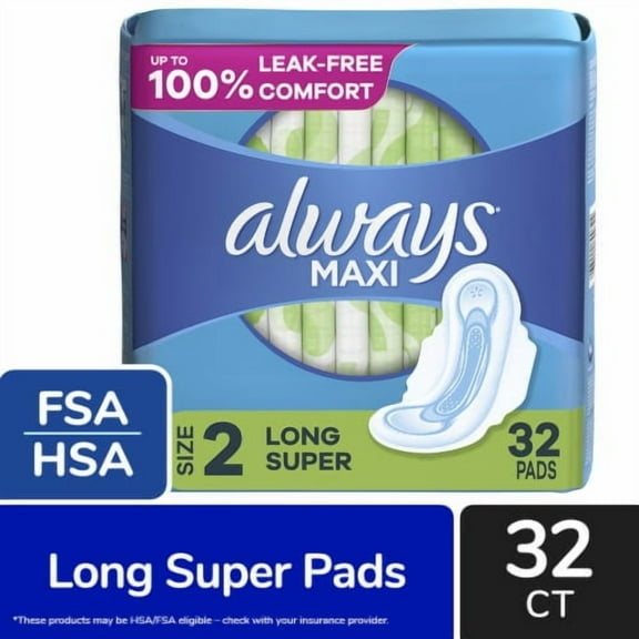 Always Maxi Pads with Wings Long Super Absorbency Size 2 Unscented 32 count