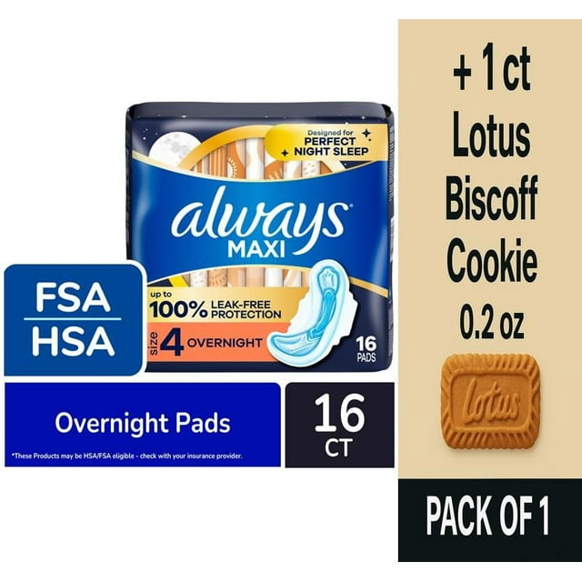 Always Maxi Pads with Wings Overnight Absorbency Size 4 Unscented 16 count - Pack of 1 & Lotus Biscoff Cookie - 0.2 Oz - 1 ct