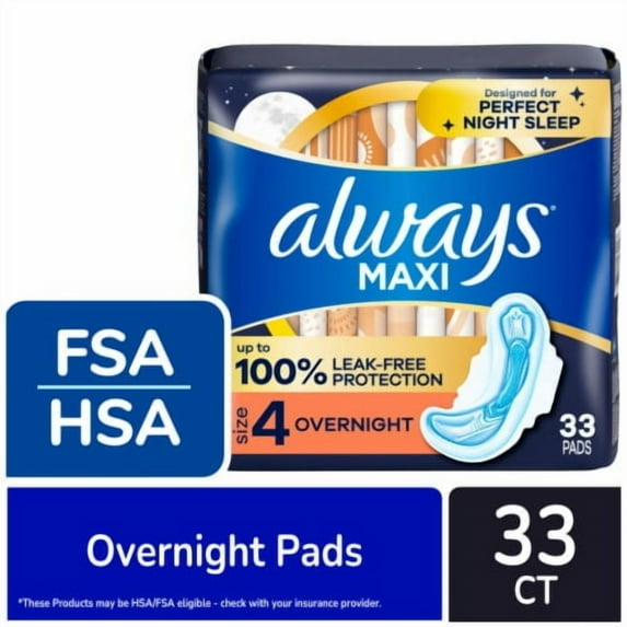Pack of 2 - Always Maxi Pads with Wings Overnight Absorbency Size 4 Unscented 33 count