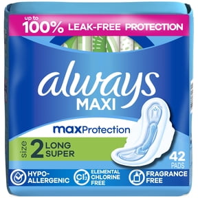 Always Maxi Pads with Wings, Size 2, Long Super Absorbency, 42 count