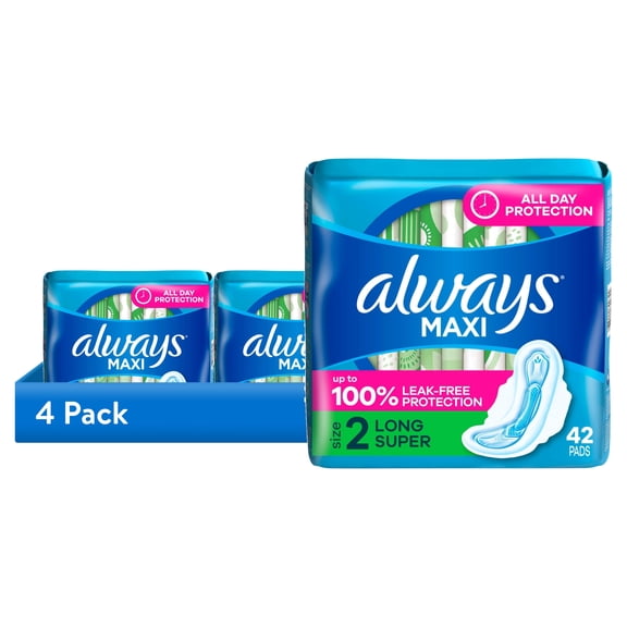 (4 pack) Always Maxi Pads with Wings, Size 2, Long Super Absorbency, 42 count