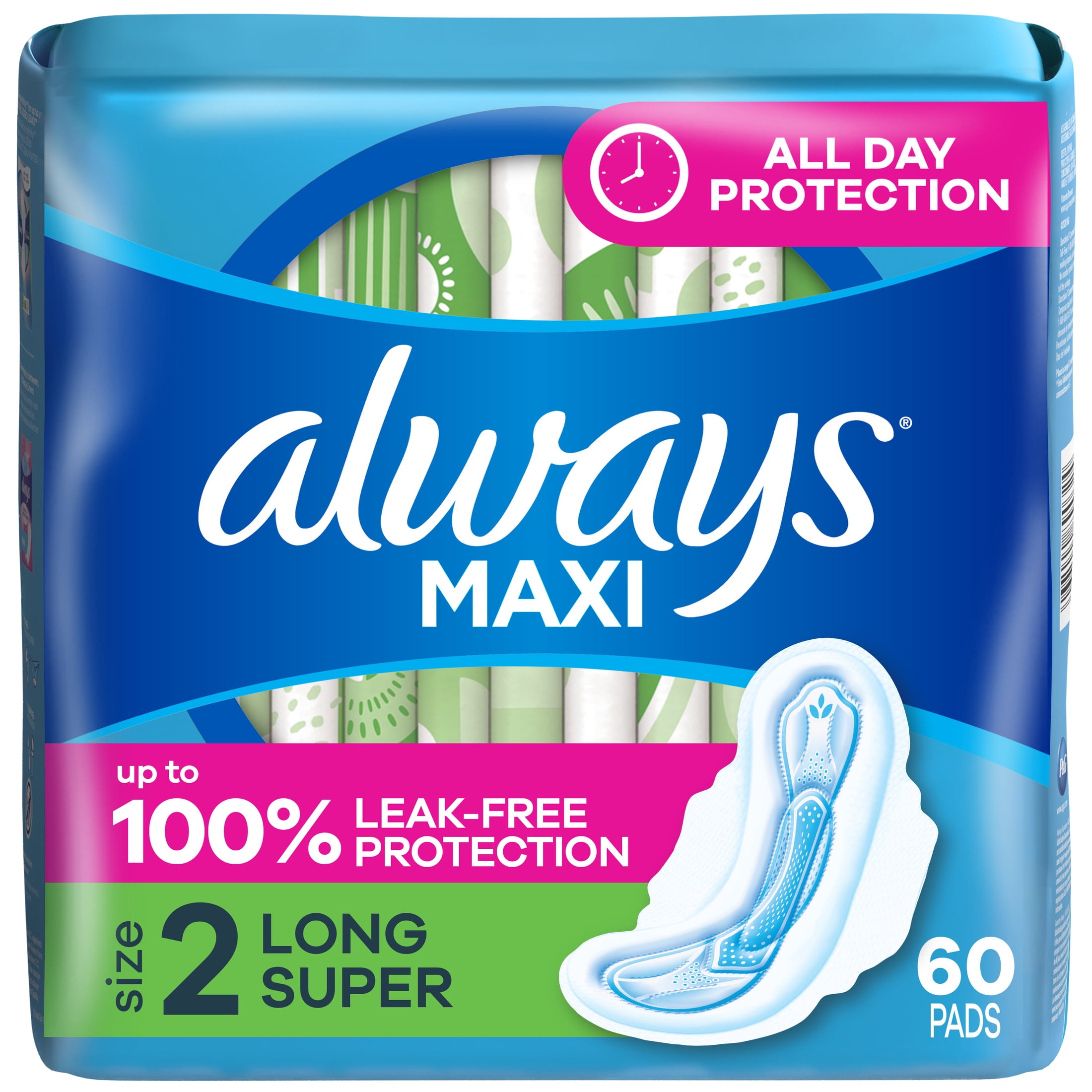 Always Maxi Pads with Wings, Size 2, Long Super Absorbency, 60 CT