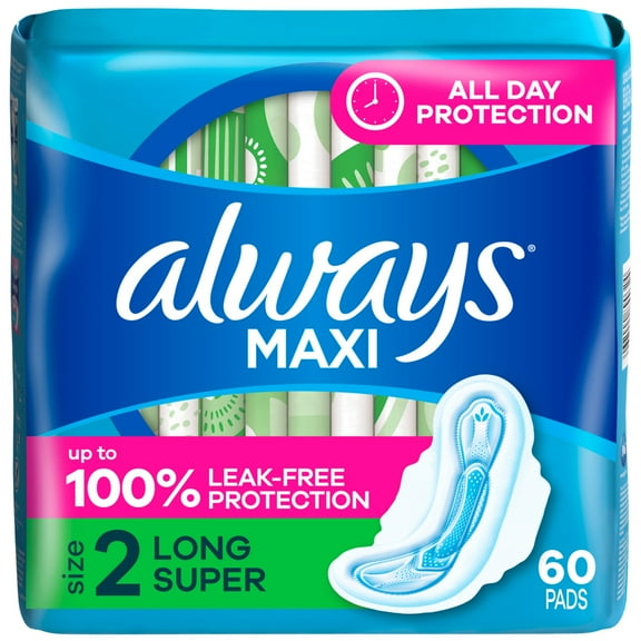 Always Maxi Pads with Wings, Size 2, Long Super, 60 Count