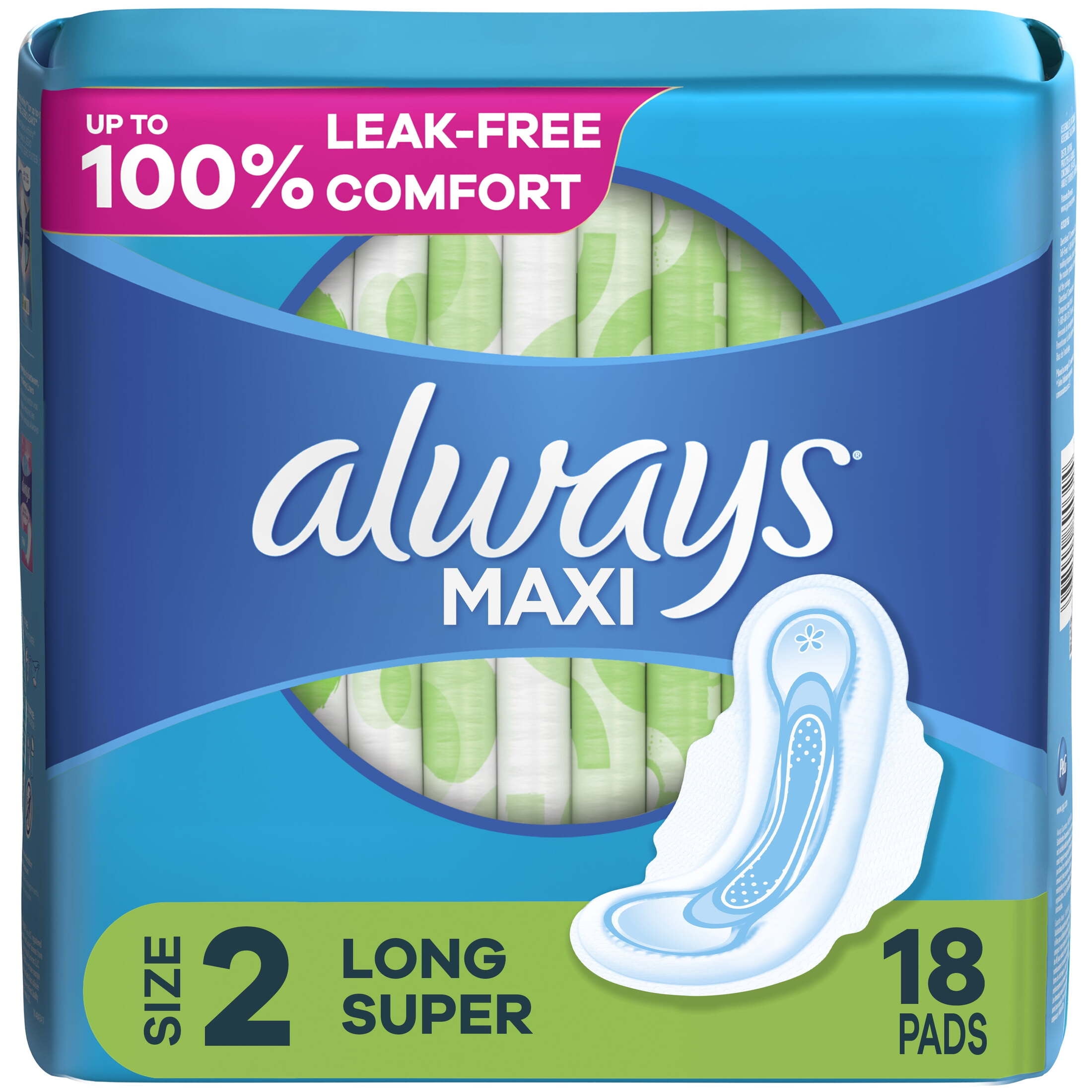 Always Maxi Daytime Pads with Wings, Size 2, Long, Unscented, 18 Ct