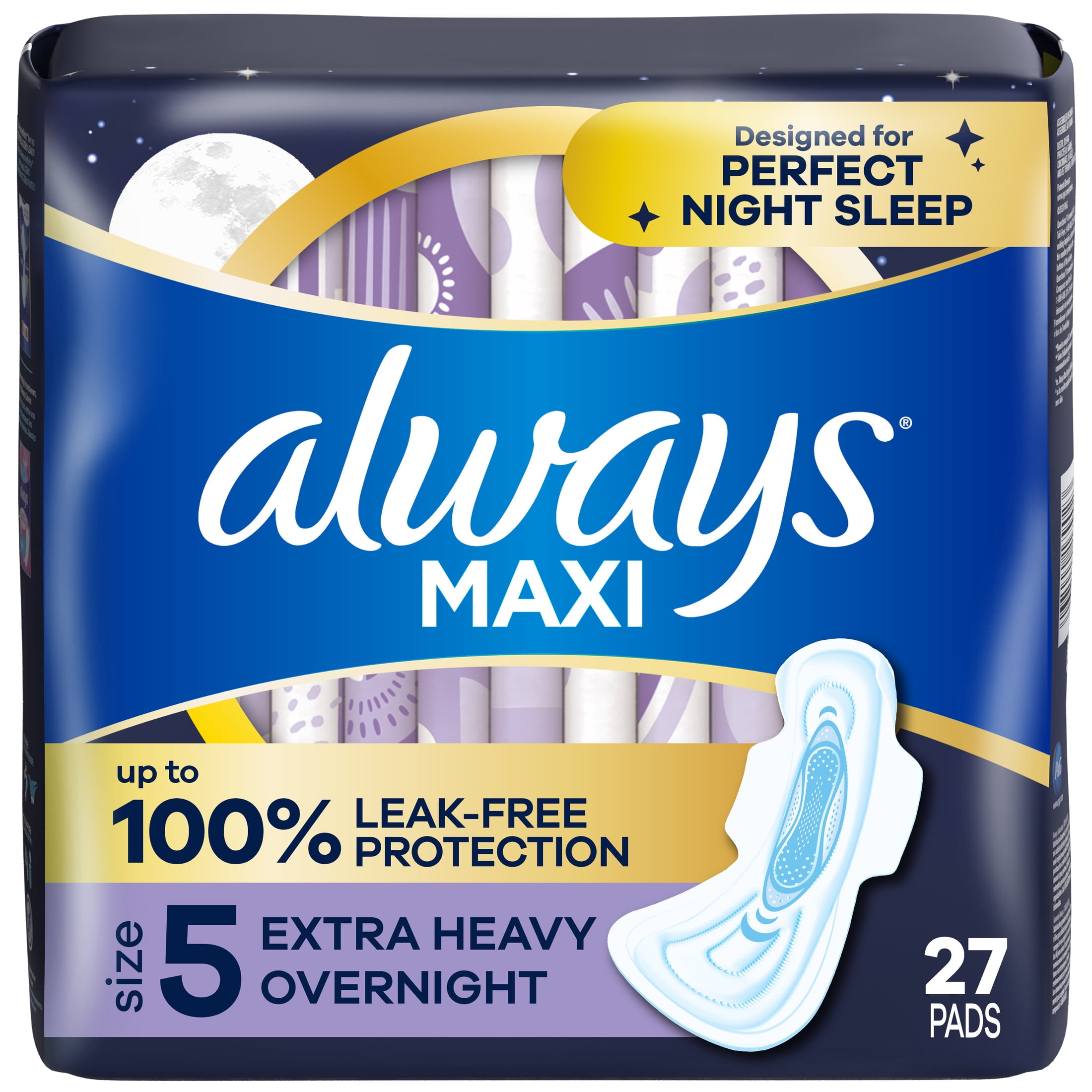 Always Maxi Pads with Wings, Size 5, Extra Heavy Overnight Absorbency, 27 CT