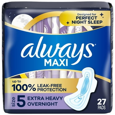 Always Maxi Pads with Wings, Size 5, Extra Heavy Overnight Absorbency, 27 CT