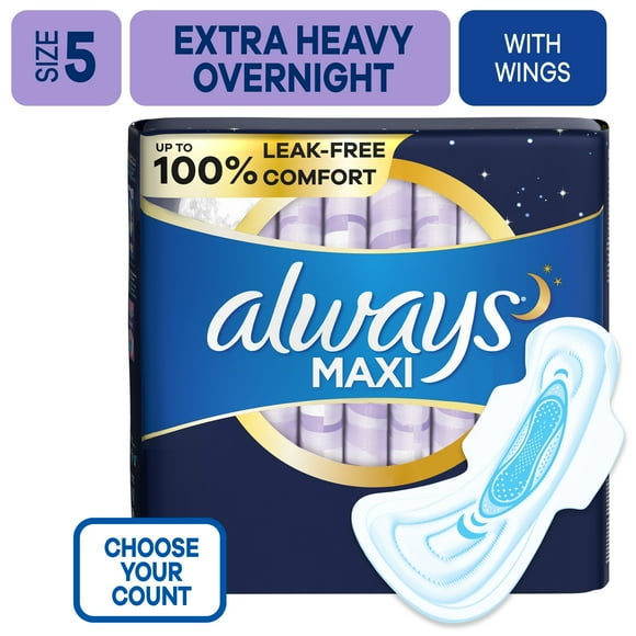Always Maxi Pads with Wings, Size 5, Extra Heavy Overnight Absorbency, 36 CT