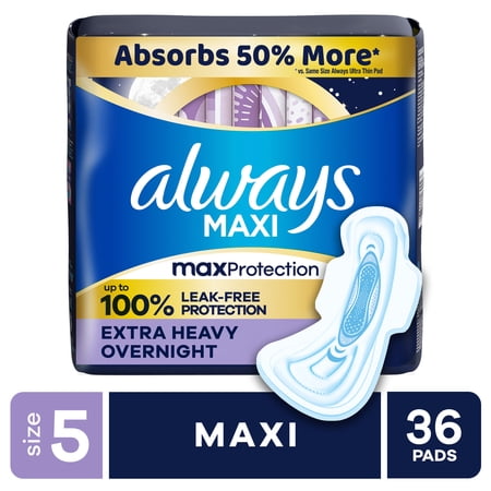 Always Maxi Pads with Wings, Size 5, Extra Heavy Overnight, 36 Count