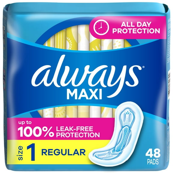 Always Maxi Pads without Wings, Size 1, Regular Absorbency, 48 Count