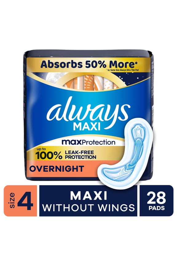 Maxi Pads without Wings, Size 4, Overnight Absorbency, 28 count