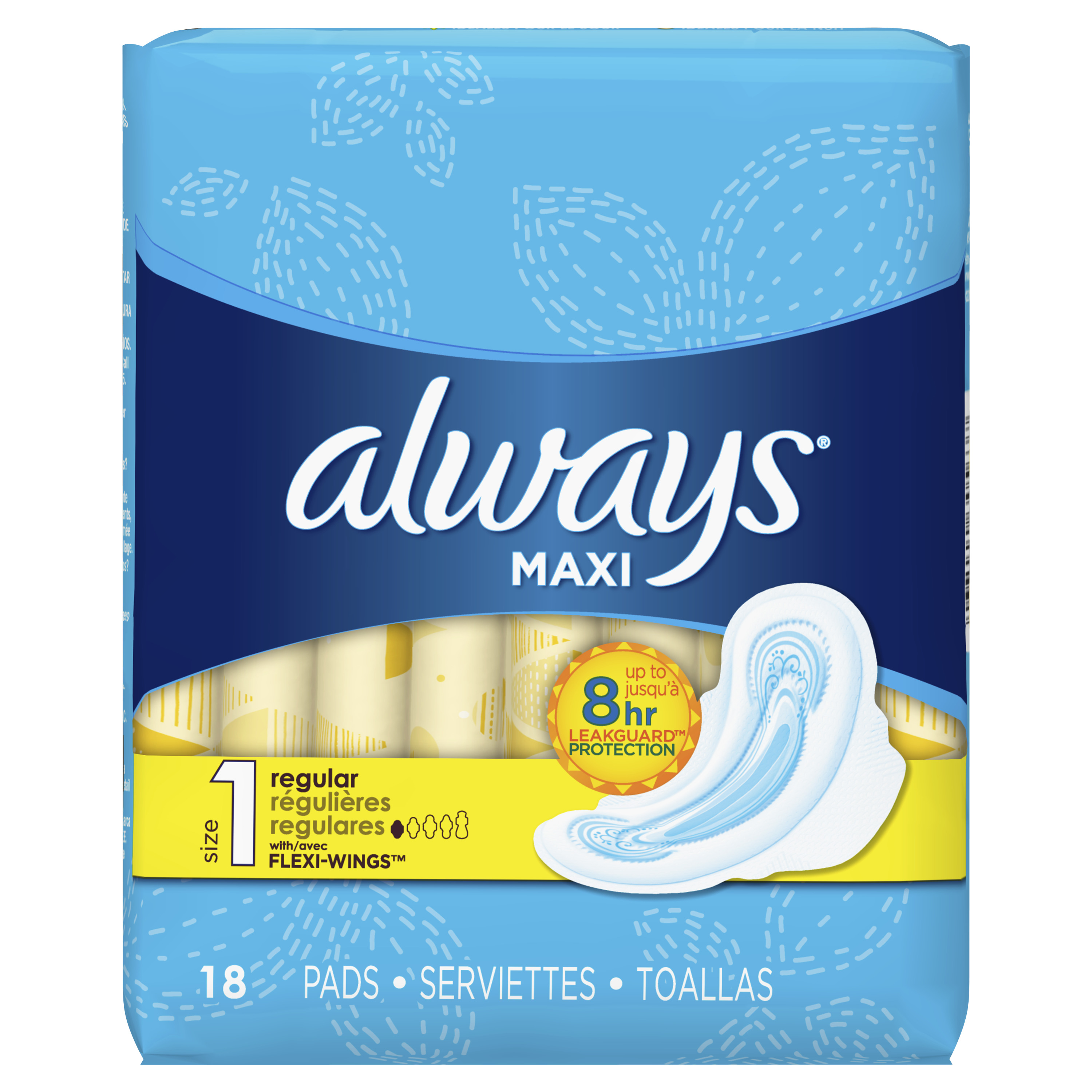Always Maxi Size 1 Regular Pads with Wings, Unscented, 18 Count - image 1 of 9