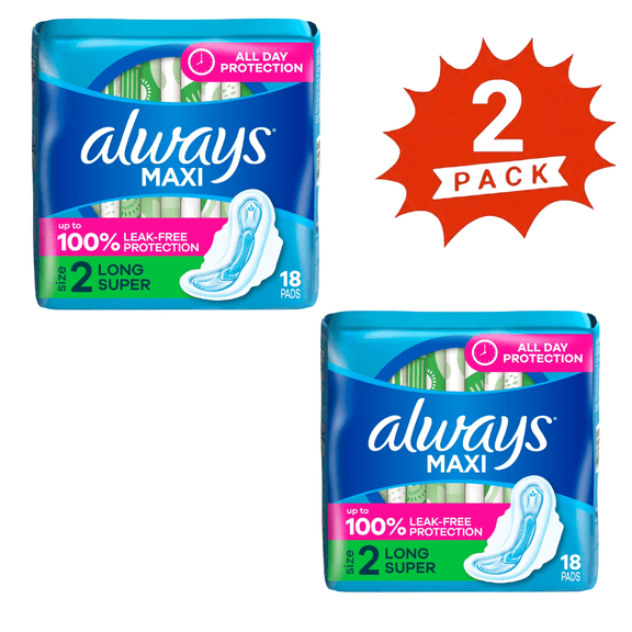 Always Maxi Size 2 Long Daytime Pads with Wings, Unscented, 36 Count (2-Pack)