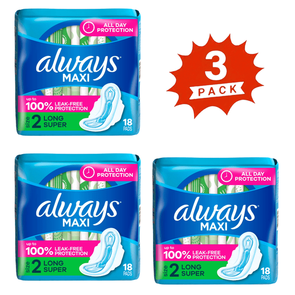 Always Maxi Size 2 Long Daytime Pads with Wings, Unscented, 54 Count (3-Pack)