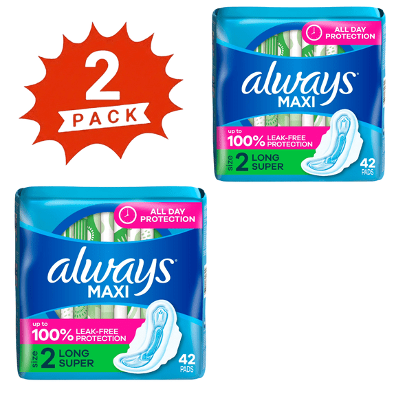 Always Maxi Size 2 Long Daytime Pads with Wings, Unscented, 84 Count (2-Pack)
