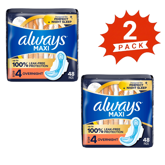 Always Maxi Size 4 Overnight Pads with Wings, 96 Count (2-Pack)