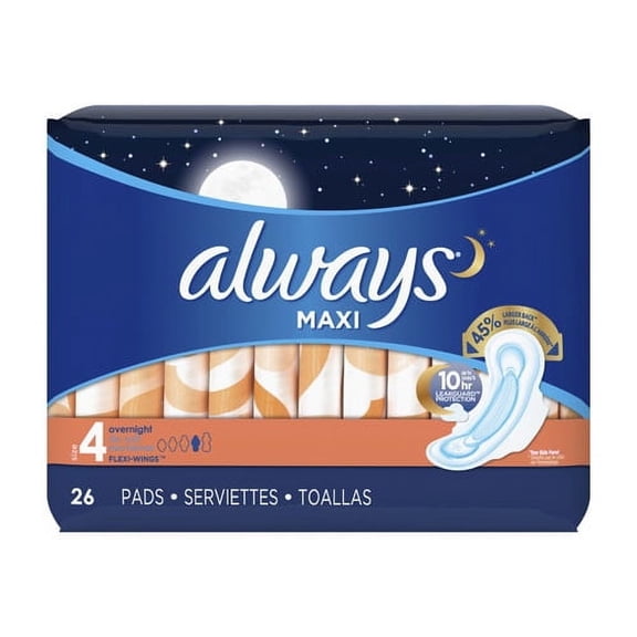 Always Maxi Size 4 Overnight Pads with Wings, Unscented, 26 Ea, 6 Pack