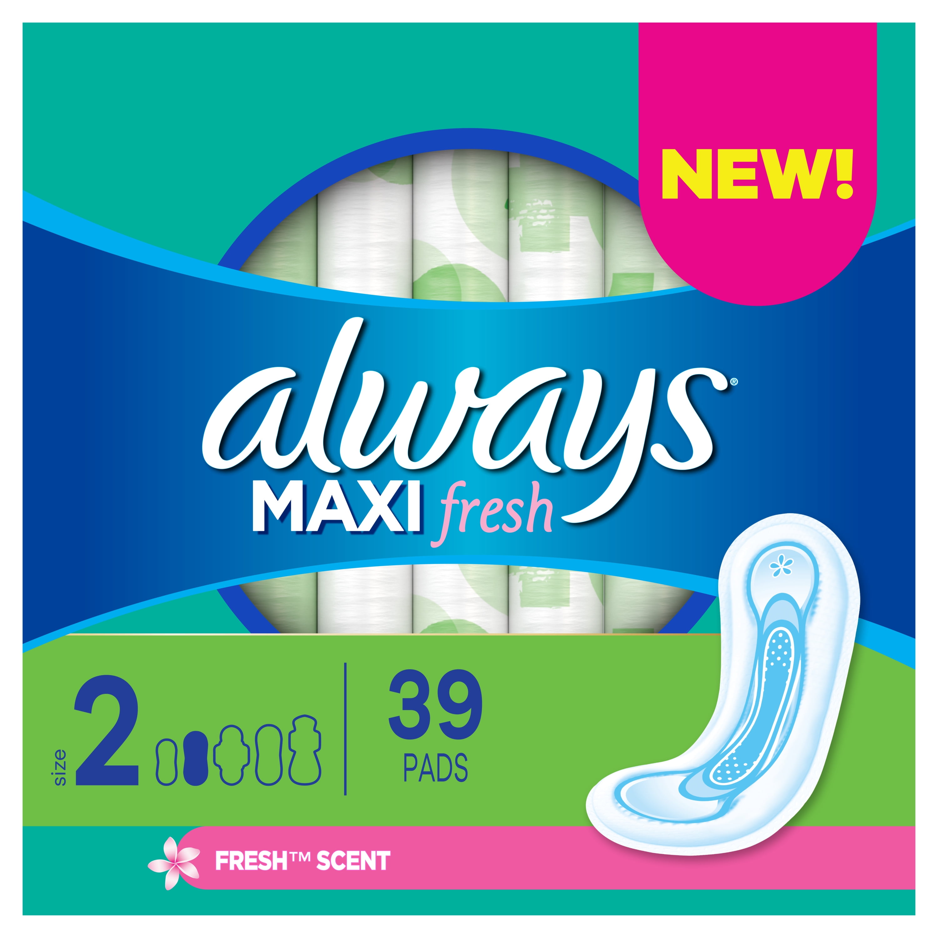 Always Maxi Super Absorbency Pads Wingless Scented, Size 2, 39 Ct