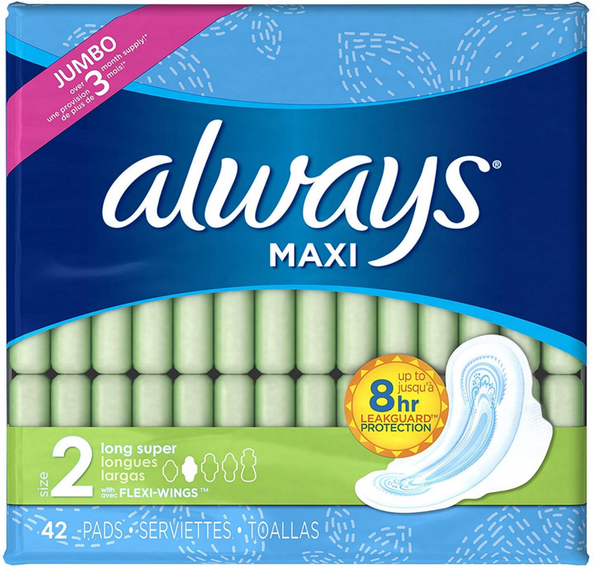 Always Maxi Super Absorbency Size 2 Long Pads with Wings, Unscented 42 ea (Pack of 2)