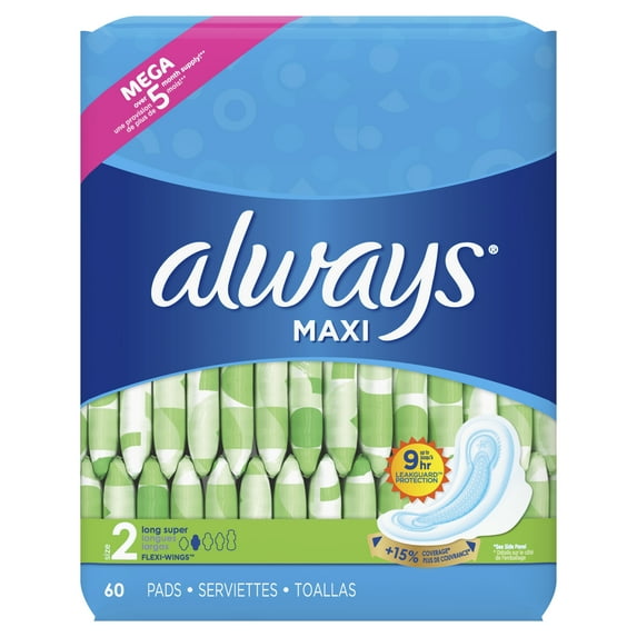 Always Maxi Super Pads with Wings, Unscented, Size 2, 60 ct | 20 Packs - 1200 counts total