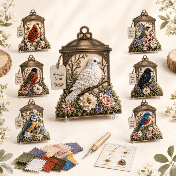 Always Near 3D Fabric Poke Art Memory Lantern Kit, Beginner No-Sew Fabric Craft Project with Bird Artwork, Relaxing DIY Gift for Adult Crafters and Bird Lovers